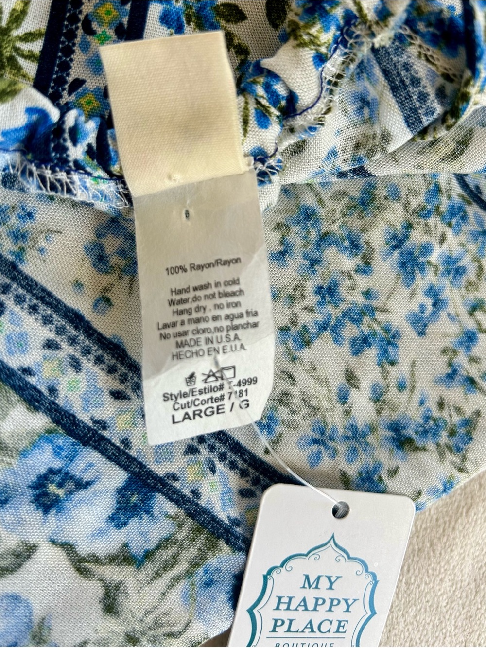7th Day Blue Floral Women’s Top with Tassel Hem Sz L - Picture 4 of 6
